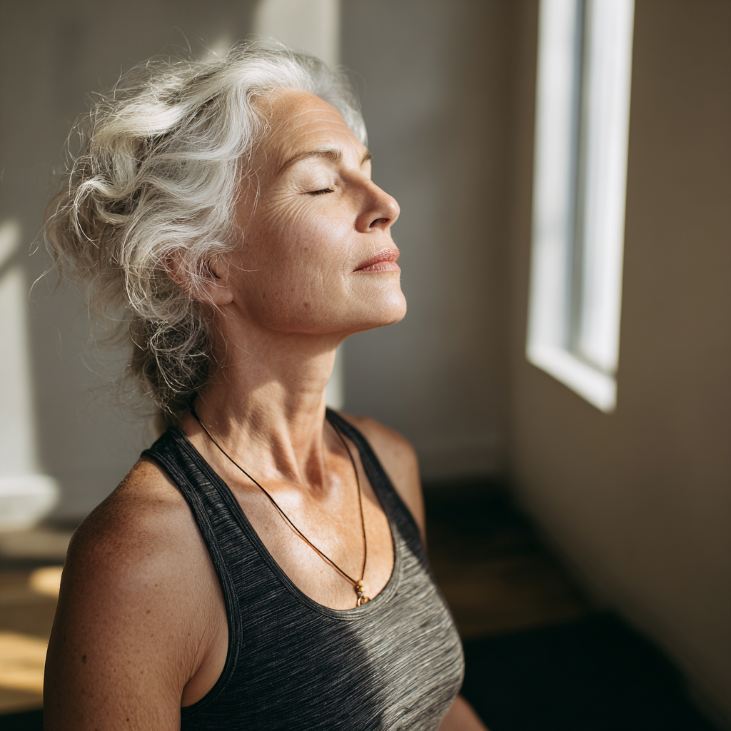 Mature woman practicing gentle yoga flow with mindful breathing in natural light studio
