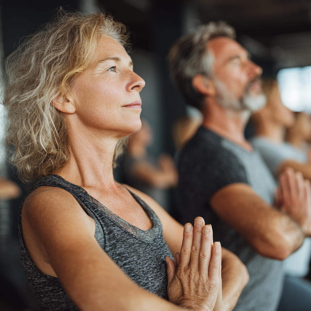 Middle-aged adults in peaceful yoga session focusing on balance and stability exercises